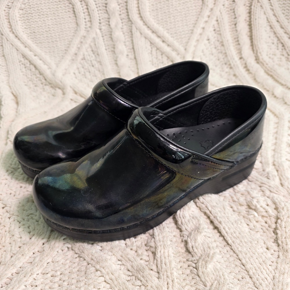 Dansko Professional Clogs Black Iridescent Patent Leather Womens 37 Excellent